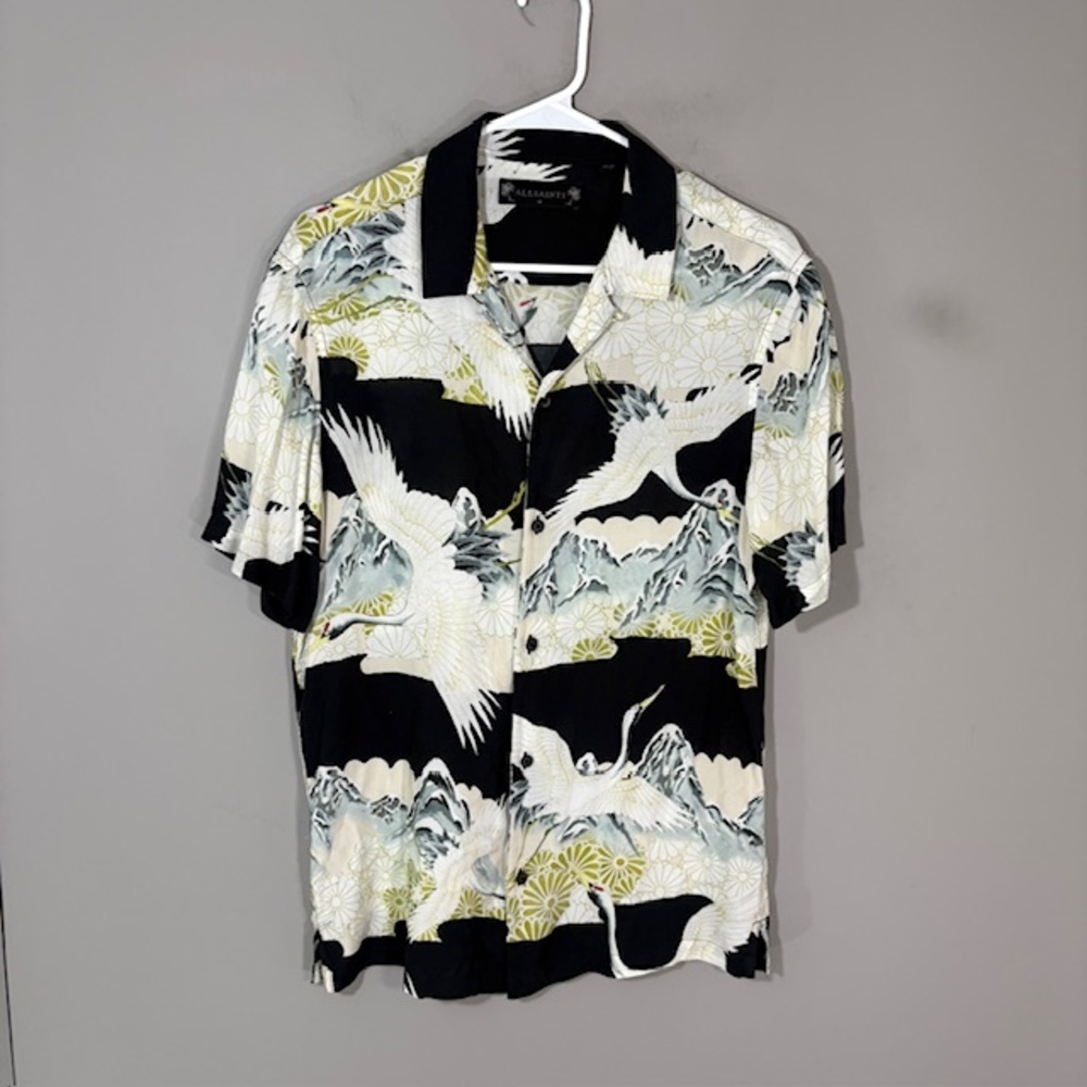 AllSaints Shirt Mens Medium Black Crane Print Short Sleeve Button Up Hawaiian
